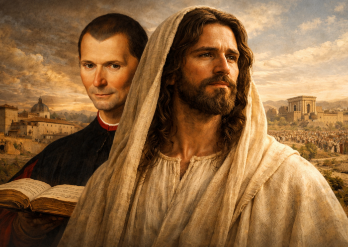 Jesus Christ in the foreground with Niccolò Machiavelli behind Him, illustrating a comparison between the teachings of Jesus and Machiavellian political wisdom.