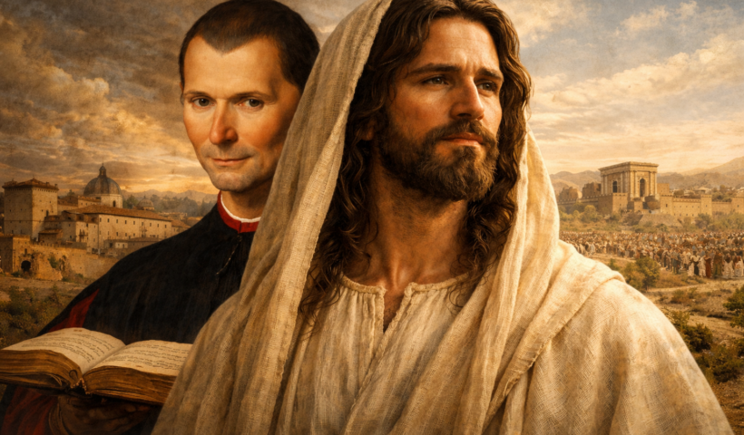 Jesus Christ in the foreground with Niccolò Machiavelli behind Him, illustrating a comparison between the teachings of Jesus and Machiavellian political wisdom.