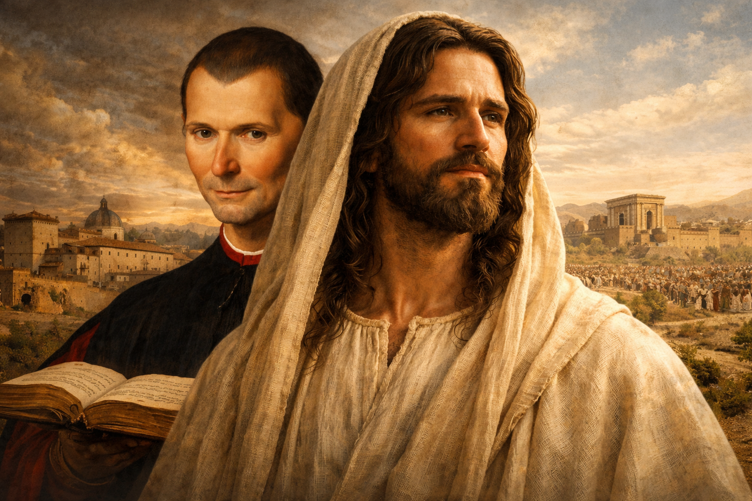 Jesus Christ in the foreground with Niccolò Machiavelli behind Him, illustrating a comparison between the teachings of Jesus and Machiavellian political wisdom.
